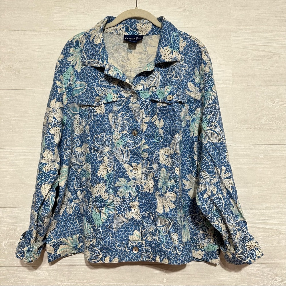 Charter Club 100% Linen Button Down Shirt Floral Print Size 2X